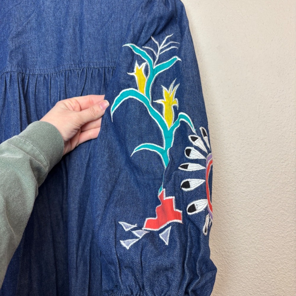 Vintage 90s Denim Maxi Dress Embroidered Kachina Blue Large Prairie Cottage Boho - Picture 14 of 16